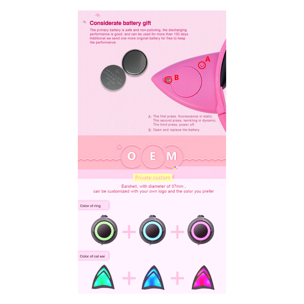 Diadema Orejas De Gato Con Micrófono Y Luces Led Color Rosa
