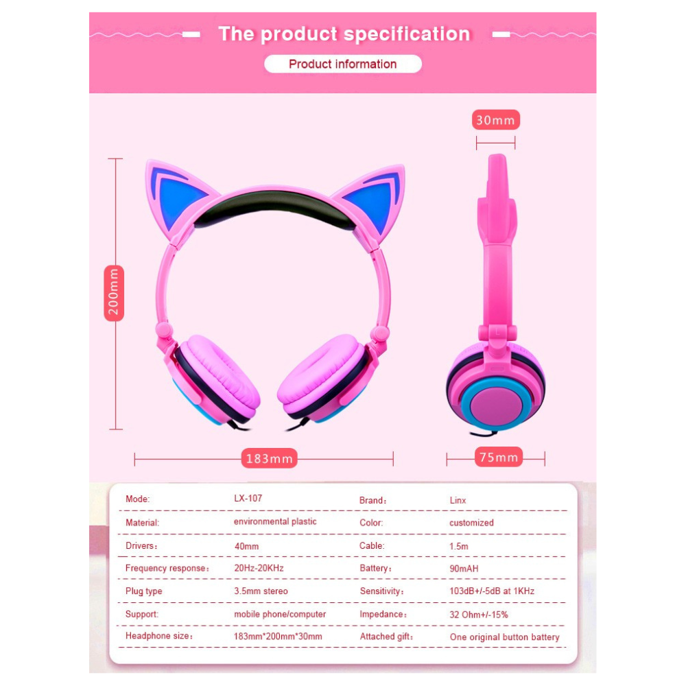 Diadema Orejas De Gato Con Micrófono Y Luces Led Color Rosa